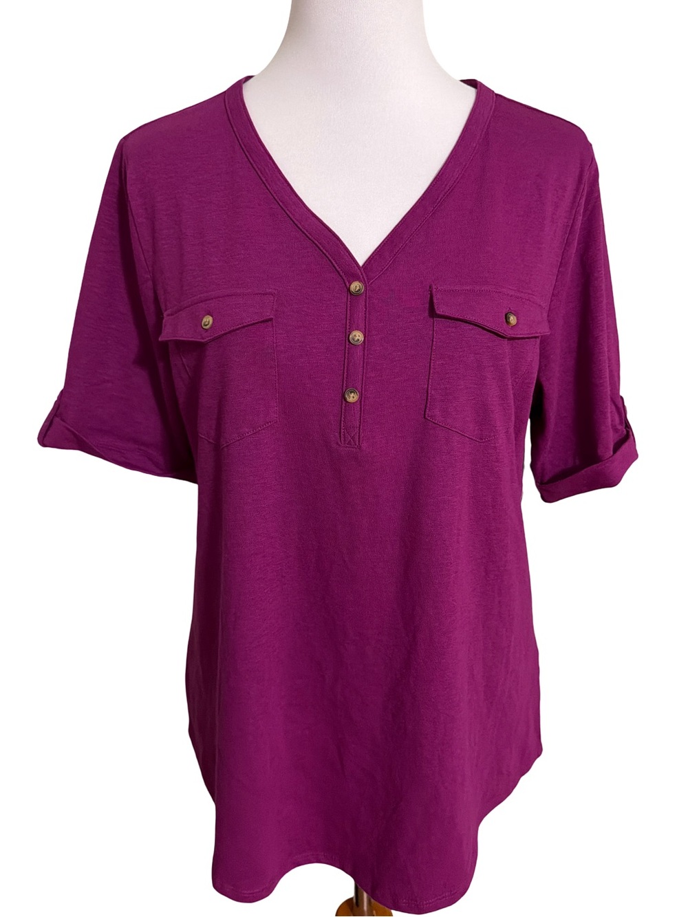 croft & barrow Magenta V-Neck Button-Front Pocket Blouse